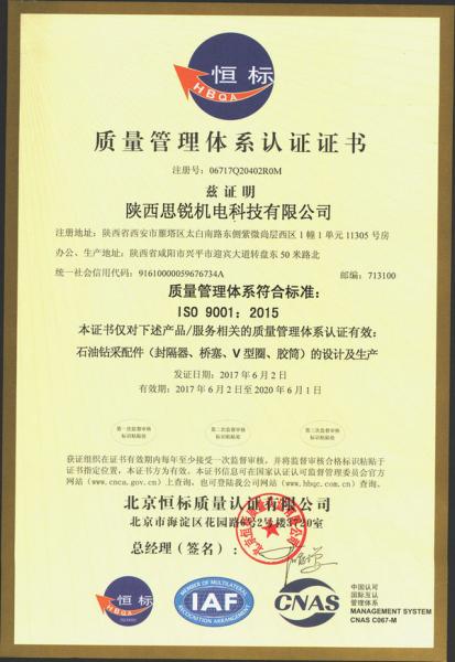 陕西思锐机电科技有限公司ISO9001质量管理体系认证证书